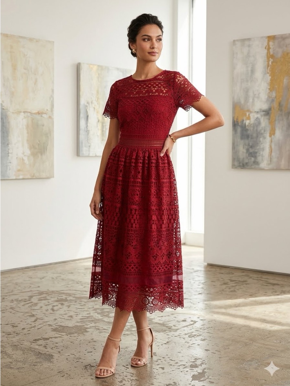 Just Me Red Lace Midi Dress with Crochet Detailing size S